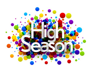High season sign over colorful round dots confetti background.