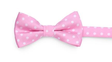 Stylish pink bow tie with polka dot pattern on white background, top view