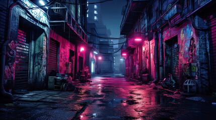 Street in cyberpunk city, alley with neon light, garbage and graffiti
