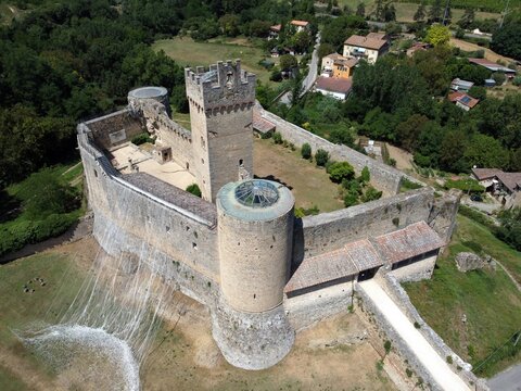 Aerial view of the castle of Staggia also called Rocca di Staggia. Staggia Senese, Siena, Tuscany, Italy