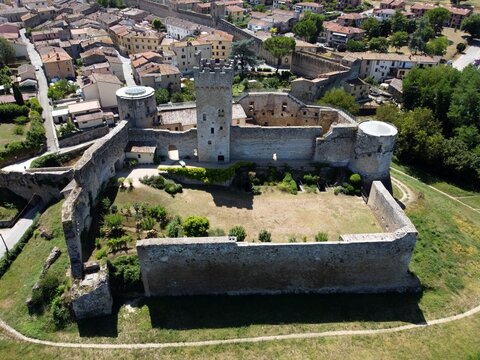 Aerial view of the castle of Staggia also called Rocca di Staggia. Staggia Senese, Siena, Tuscany, Italy