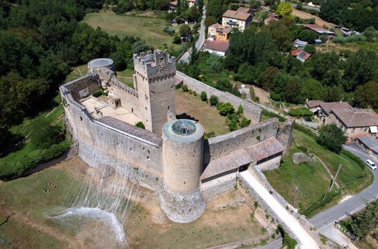 Aerial view of the castle of Staggia also called Rocca di Staggia. Staggia Senese, Siena, Tuscany, Italy