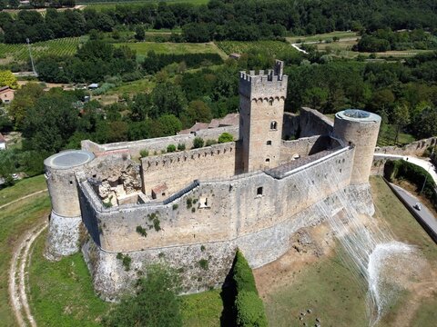 Aerial view of the castle of Staggia also called Rocca di Staggia. Staggia Senese, Siena, Tuscany, Italy