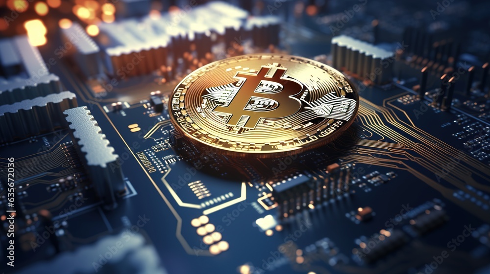 Poster bitcoin on a computer keyboard, cryptocurrency