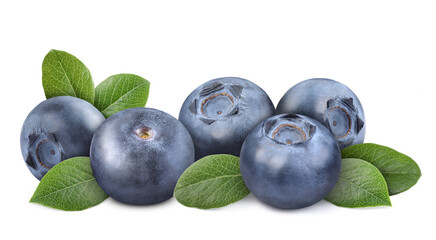 Fresh ripe blueberries with green leaves isolated on white