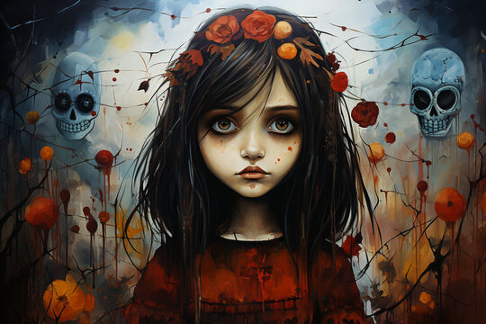 The dark girl and the skulls in the forest