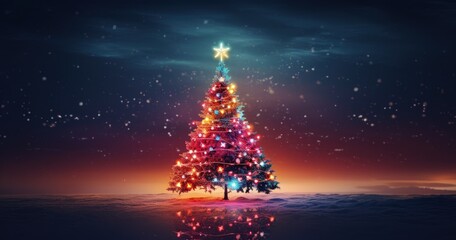 Landscape with Christmas tree decorated with colored lights, concept of holidays and festivities. Generative AI