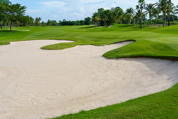 Golf course sand pit bunker aesthetic background,Used as obstacles for golf competitions for difficulty and falling off the course for beauty
