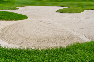 Golf course sand pit bunker aesthetic background,Used as obstacles for golf competitions for difficulty and falling off the course for beauty