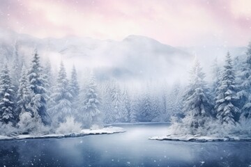 Obraz na płótnie Canvas Landscape with snowfall, forest and river, winter landscape at the North Pole. Generative AI