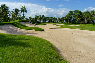 Golf course sand pit bunker aesthetic background,Used as obstacles for golf competitions for difficulty and falling off the course for beauty