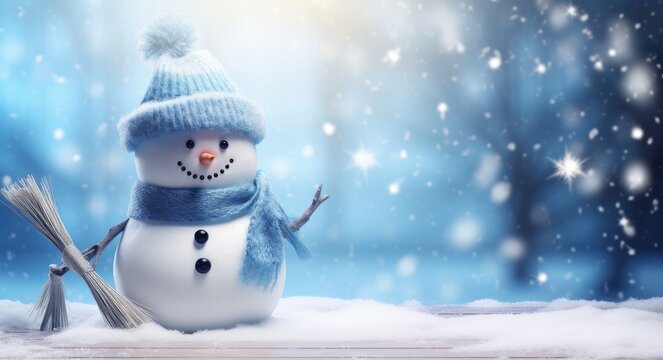 Landscape with snowman, falling snowflakes, holidays and christmas concept, bokeh background. Generative AI