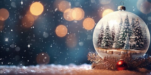 Christmas ball and snow, pine forest in the background, concept of holidays and festivities, bokeh background. Generative AI