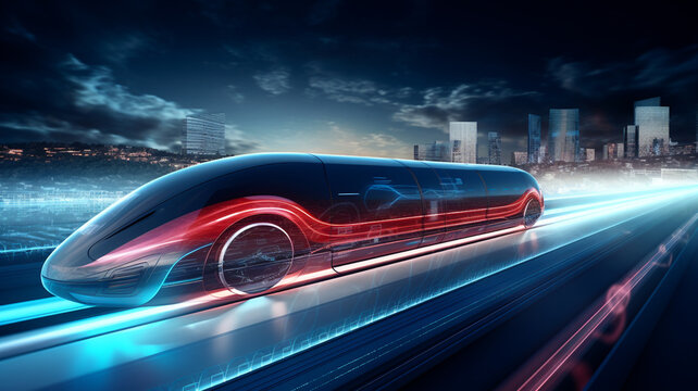 Futuristic train or hyperloop autonomous vehicle, high speed with neon colors