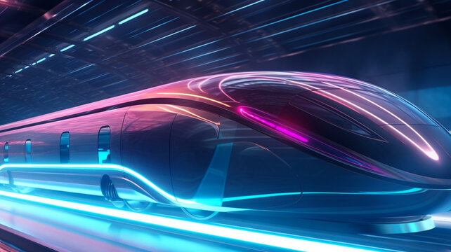 Futuristic train or hyperloop autonomous vehicle, high speed with neon colors