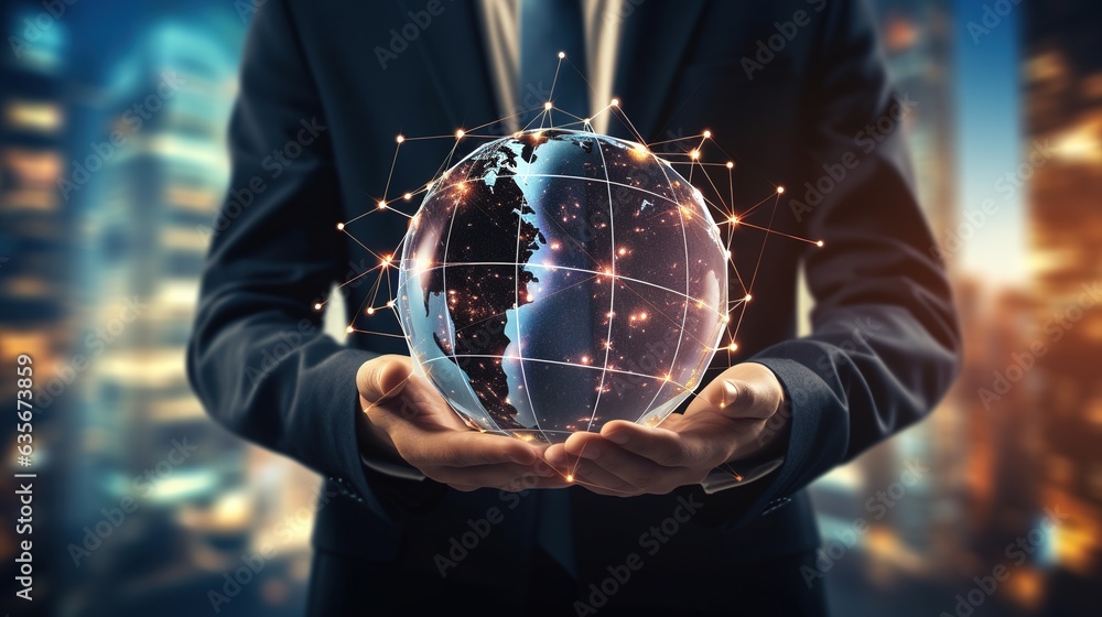 Aufkleber businessman holding digital globe, earth for data and information technology. future, globe and netw