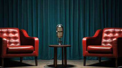 Backlground banner of modern podcast or radio studio with two chairs and microphones