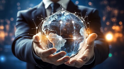 businessman holds a digital globe, the earth of data and information technology. The future, the world, and networking for innovation, cloud computing, and internet communication - obrazy, fototapety, plakaty