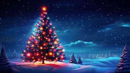 Landscape with Christmas tree in the snow, concept of holidays and festivities. Generative AI