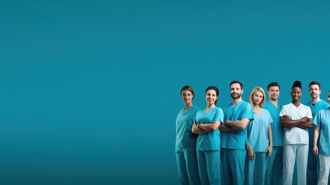 Doctor ER surgical team with medical clinic room background for emergency nursing care professional teamwork copy space ad new isolated over bright blue color background. generative ai