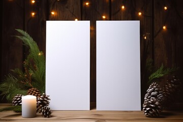 White cards with copy space, background with christmas decoration, christmas holiday. Generative AI