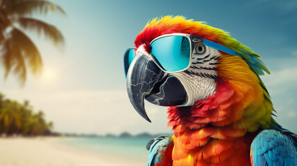 Parrot at beach of tropical island during summer 