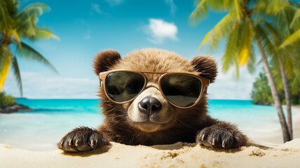 Obraz premium Cute bear with sunglasses at beach of tropical island in summer 