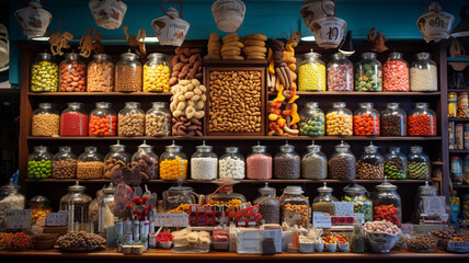 Nut shop, delicous healthy organic food stored in jars and baskets
