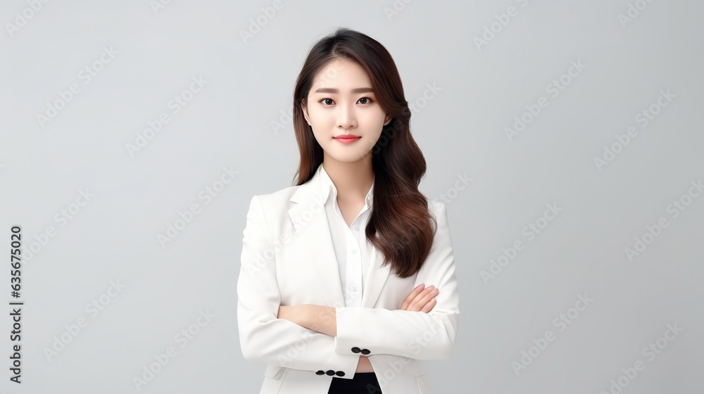 Poster portrait of an asian businesswoman standing with her arms crossed on white studio background