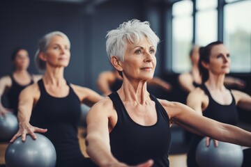 Elderly and middle-aged women doing physical exercises, yoga, pilates with a fitness ball in the...