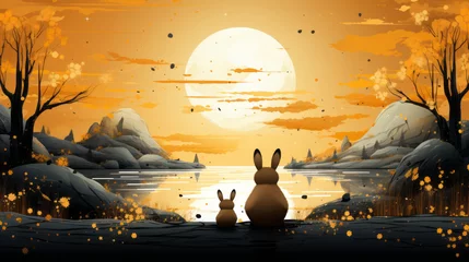 Fototapeten An autumn landscape with adorable bunnies under the moon, celebrating the mid autumn festival. Generative AI.  © Elle Arden 