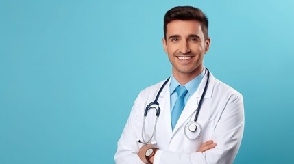 A cheerful doctor poses for a new copy space ad isolated on a bright blue background. generative ai