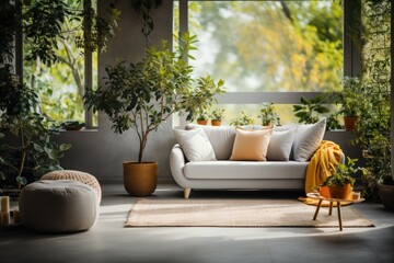 a stylish living room with comfortable sofa and houseplants. Natural colors, minimalism, bright background, exposure time photography, real photo, pure sharpness