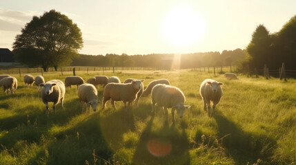 sheep and goats graze on the green meadow of the farm against the backdrop of a beautiful...