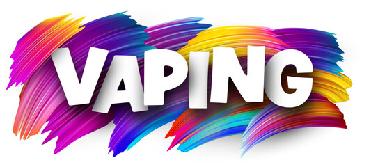 Vaping paper word sign with colorful spectrum paint brush strokes over white. Vector illustration.