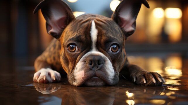 An adorable sleepy dog laying on the floor with plenty of copy space. Generative AI. 