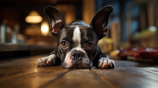 An adorable sleepy dog laying on the floor with plenty of copy space. Generative AI. 