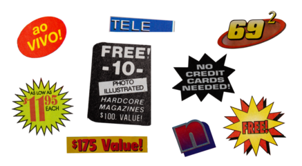 Cut out magazine vintage labels, price, words, stickers, letters, tags, sign and more, collection of different designs from vintage 90's magazine, png isolated on transparent background	