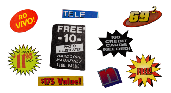 Cut out magazine vintage labels, price, words, stickers, letters, tags, sign and more, collection of different designs from vintage 90's magazine, png isolated on transparent background	