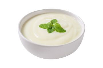 Yogurt in a bowl with mint leaf on png transparent background