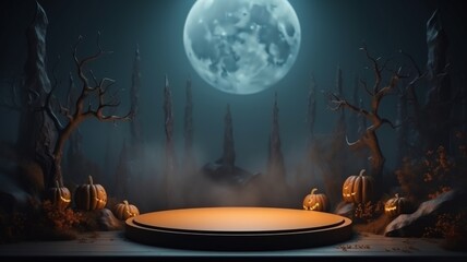 Halloween Abstract Minimalistic Product Podium. The Scene for Product Presentation. 3D Room with Geometric Platform Stage Pedestal. Ai Generated Podium Mockup for a Product advertisement.