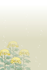 雪が降る背景と菊の花の寒中見舞い・喪中イラスト
