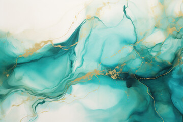 Liquid ink Turquoise Texture. Vibrant Watercolor Design, Artistic Abstract Waves, Trendy Golden Green Stains, Flowing Splashes and Drips. Generative AI.