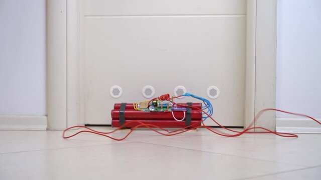 Playful dachshund dog in striped clothes, helmet sits in apartment at the door sets a bomb, dynamite with wires runs away with a detonator. Dangerous unattended children's games without supervision
