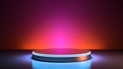 Holo LED Abstract Minimalistic Product Podium. The Scene for Product Presentation. 3D Room with Geometric Platform Stage Pedestal. Ai Generated Podium Mockup for a Product advertisement.