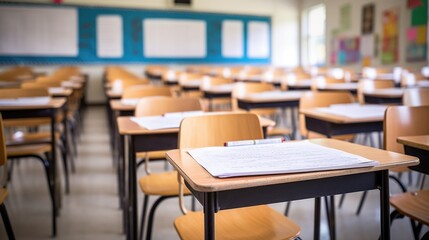 teacher grading papers in a quiet classroom, generative ai