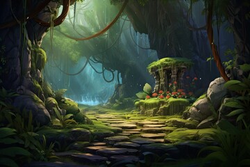 Illustrated foggy forest treasure. rich artwork fusing realism and imagination. Concept of captivating video game environment.