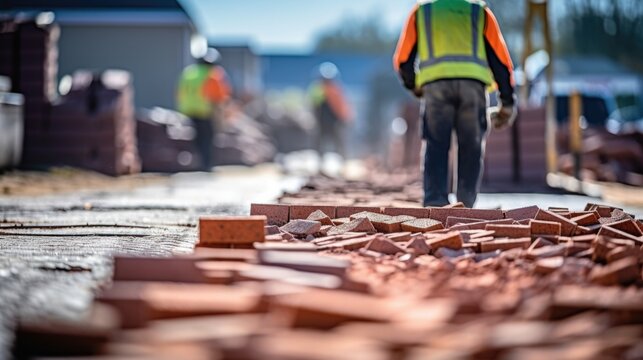 professional bricklayer laying bricks in a construction site generative ai