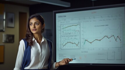 beauty young indian businesswoman executive manager holding presentation of growth concept idea in front of shareholders in meeting office of a company. showing finger on white board. Generative AI - obrazy, fototapety, plakaty