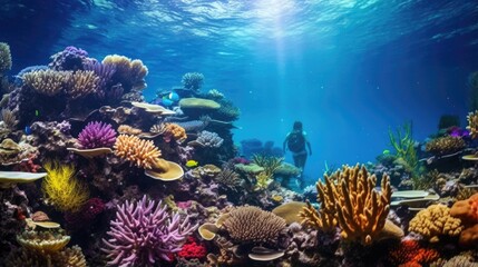 Naklejka na ściany i meble professional deep-sea diver exploring a coral reef generative ai